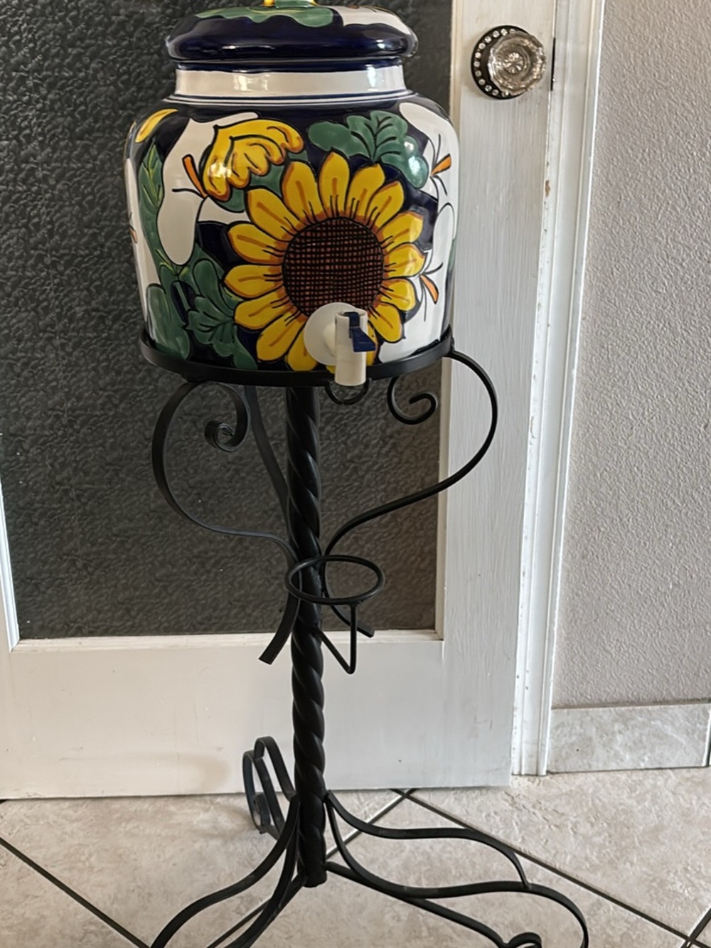 Hand-Painted Sunflower Ceramic Water Dispenser on Iron Stand